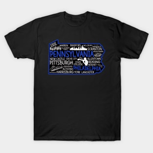 Philadelphia Pennsylvania cute map, Pittsburgh, Allentown, Erie, Reading, Bethlehem, Scranton, Lancaster, Levittown, Harrisburg T-Shirt